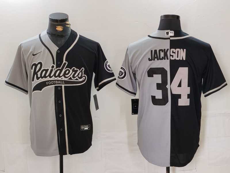Mens Las Vegas Raiders #34 Bo Jackson Grey Black Split Cool Base Stitched Baseball Jersey->las vegas raiders->NFL Jersey